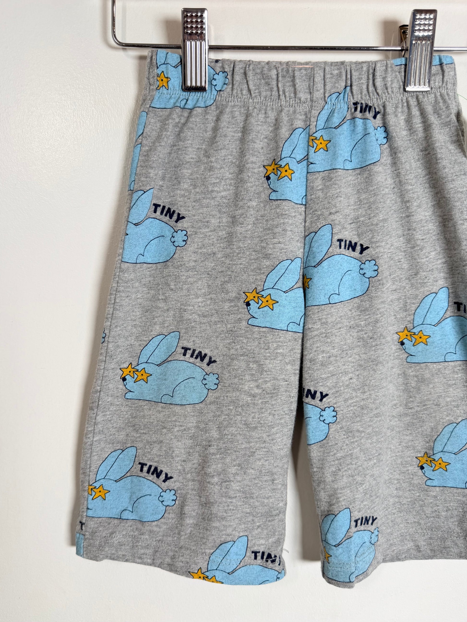 Gray heathered shorts with a repeating cartoon rabbit print in light blue, each wearing sunglasses and the word 'TINY' above it, hanging from a metal hanger against a plain light wall.