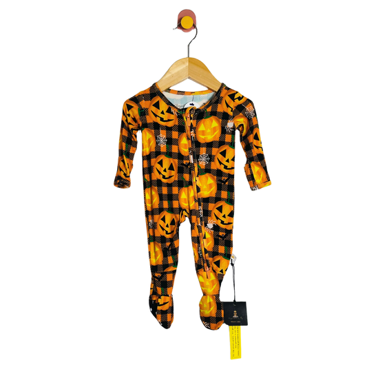 Children's Halloween-themed onesie on a hanger with a white background