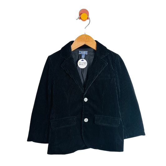 Black corduroy blazer on a wooden hanger with a white background