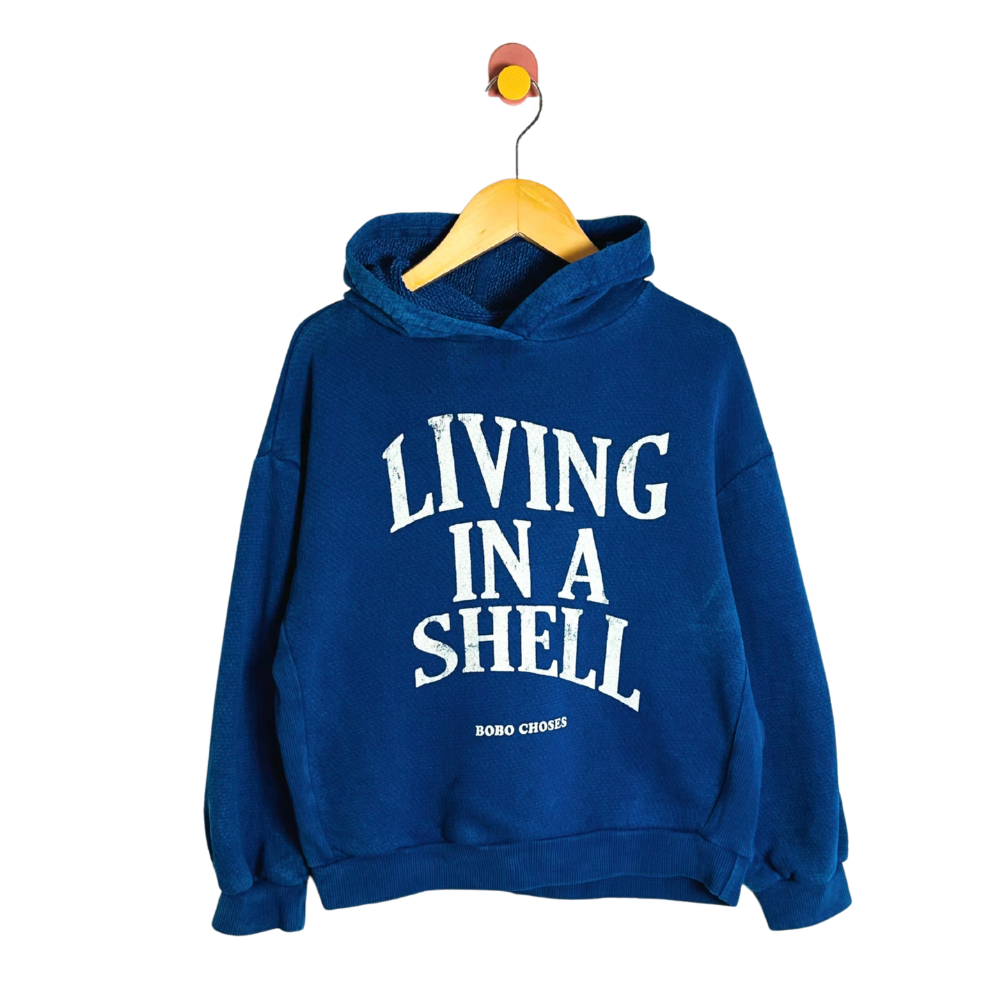 Blue hoodie with 'Living in a Shell' text on a white background