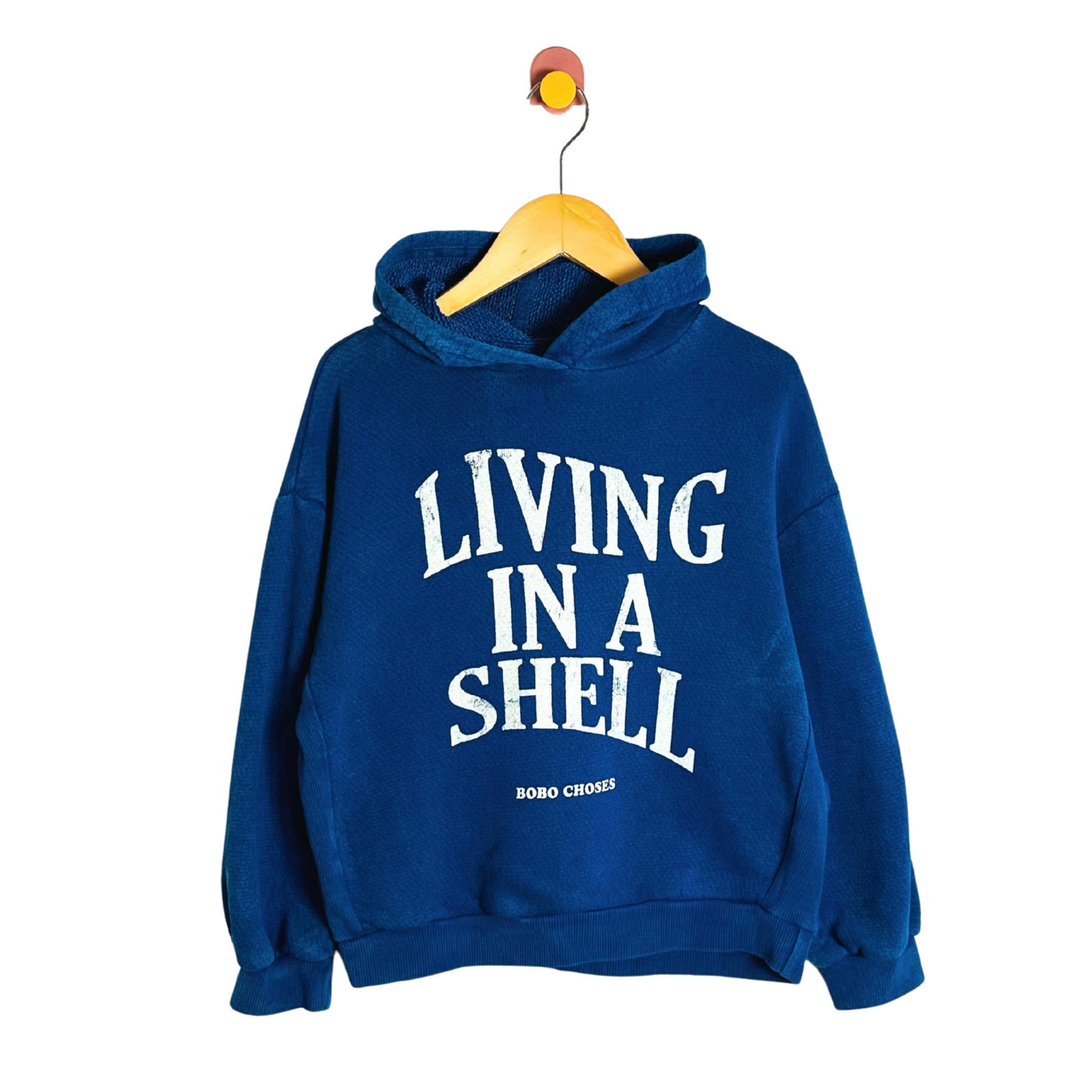 Blue hoodie with 'Living in a Shell' text on a white background