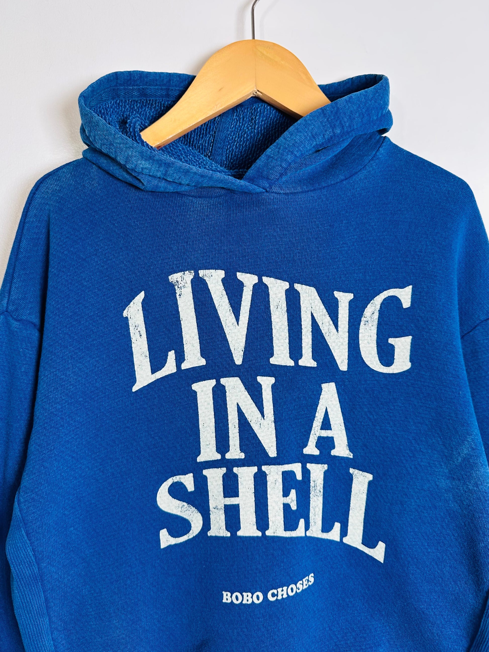 Blue hoodie with 'Living in a Shell' text on a wooden hanger against a white background