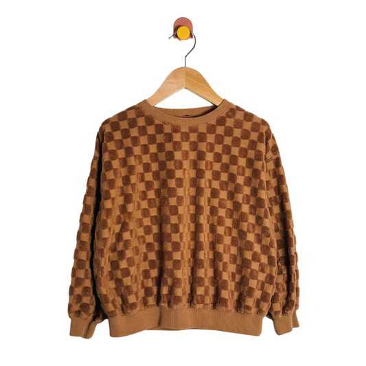 Brown checkered sweater on a wooden hanger against a white background