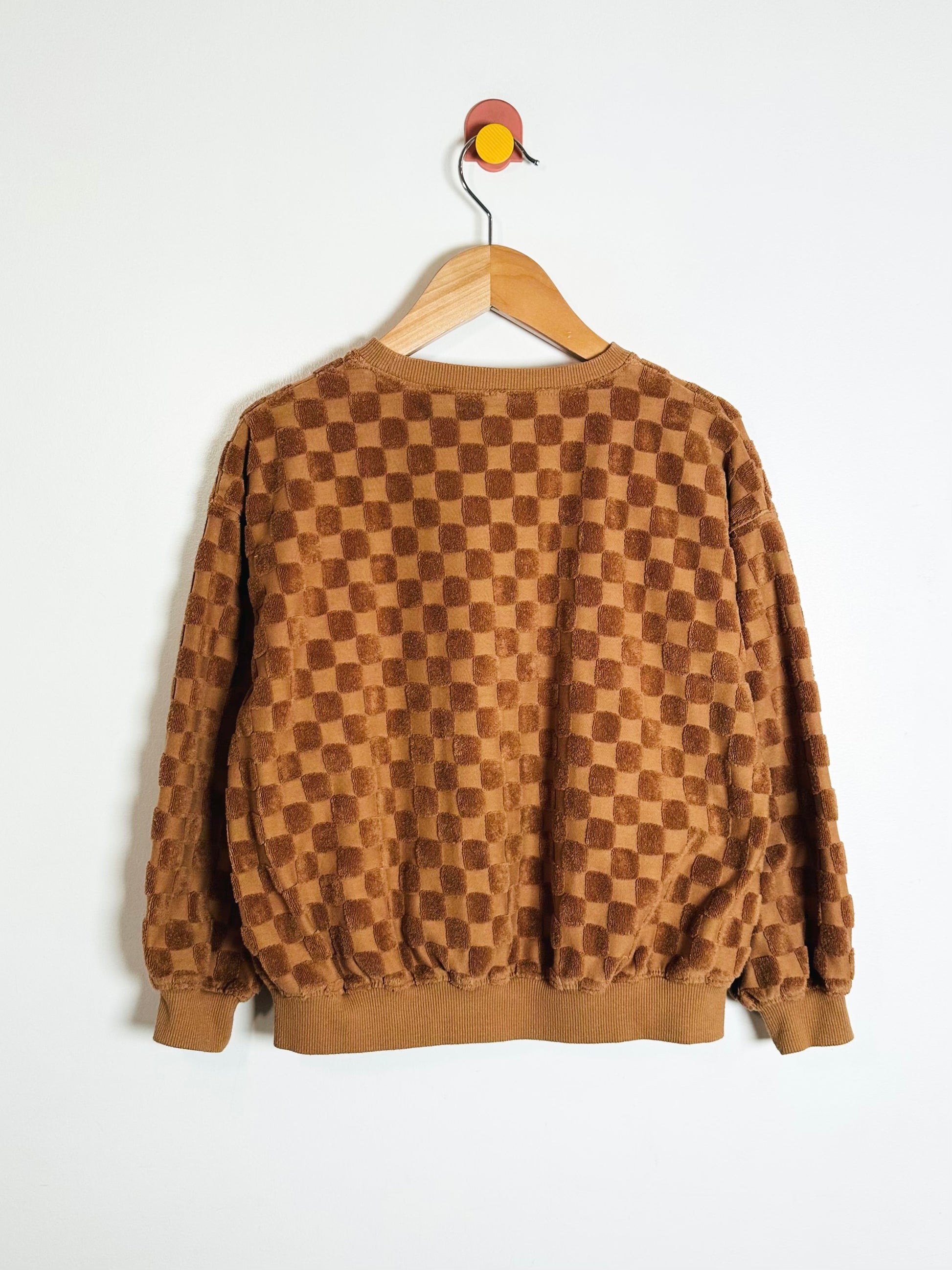 Brown checkered sweater on a hanger against a white background