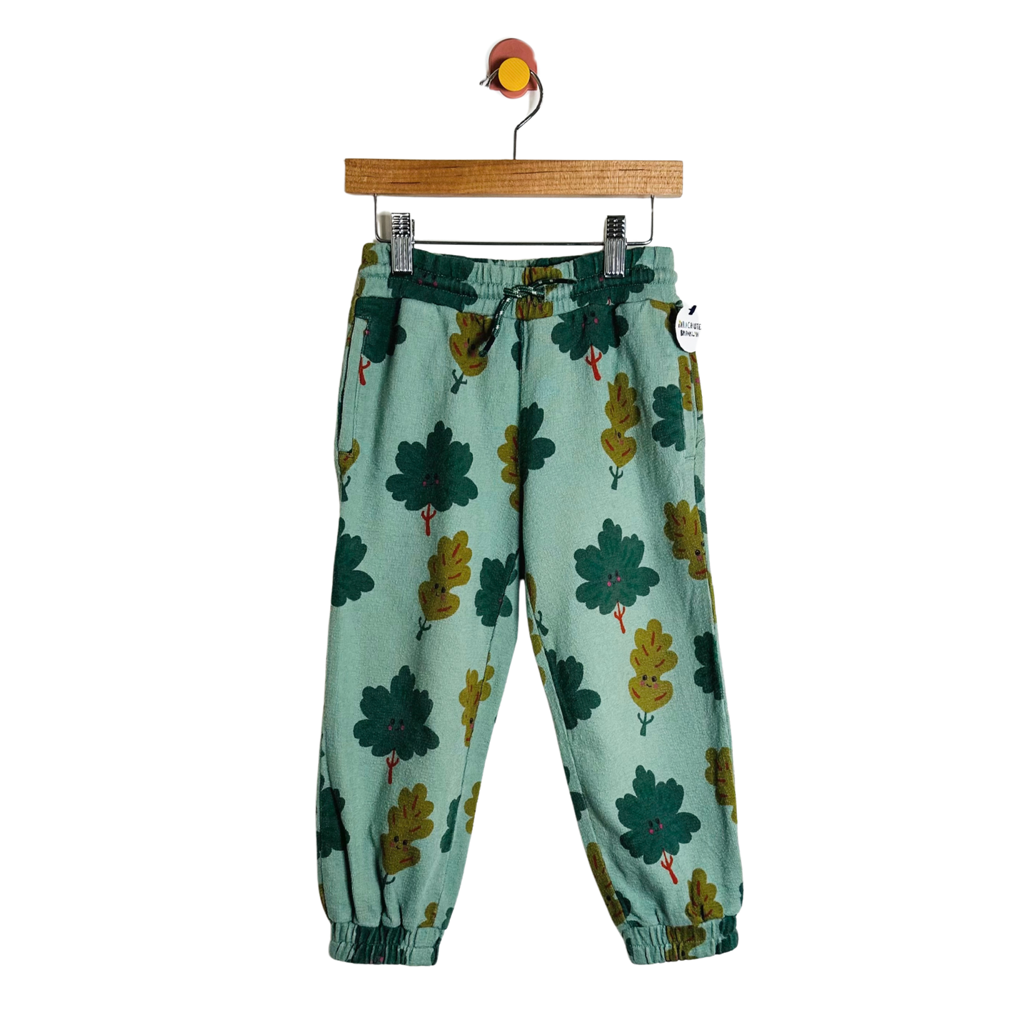 Green pants with leaf pattern on a hanger against a white background