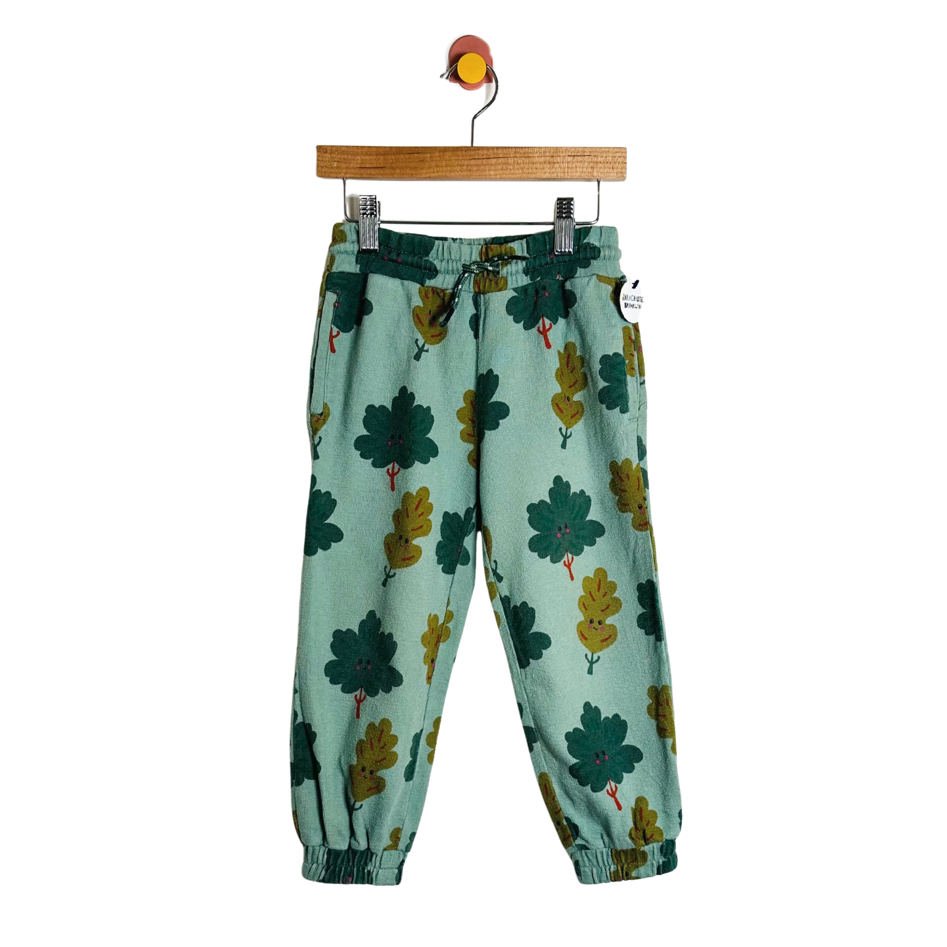 Green pants with leaf pattern on a hanger against a white background