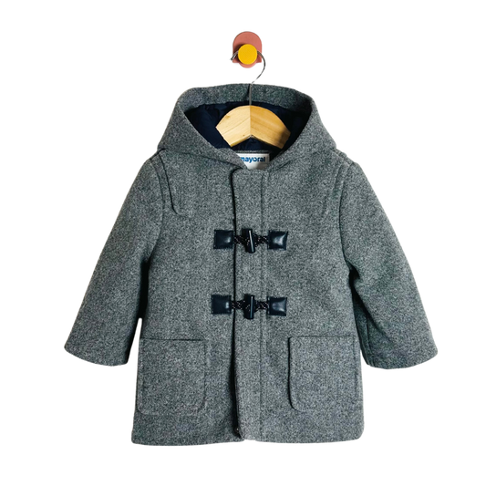 Gray children's coat with black buttons on a white background