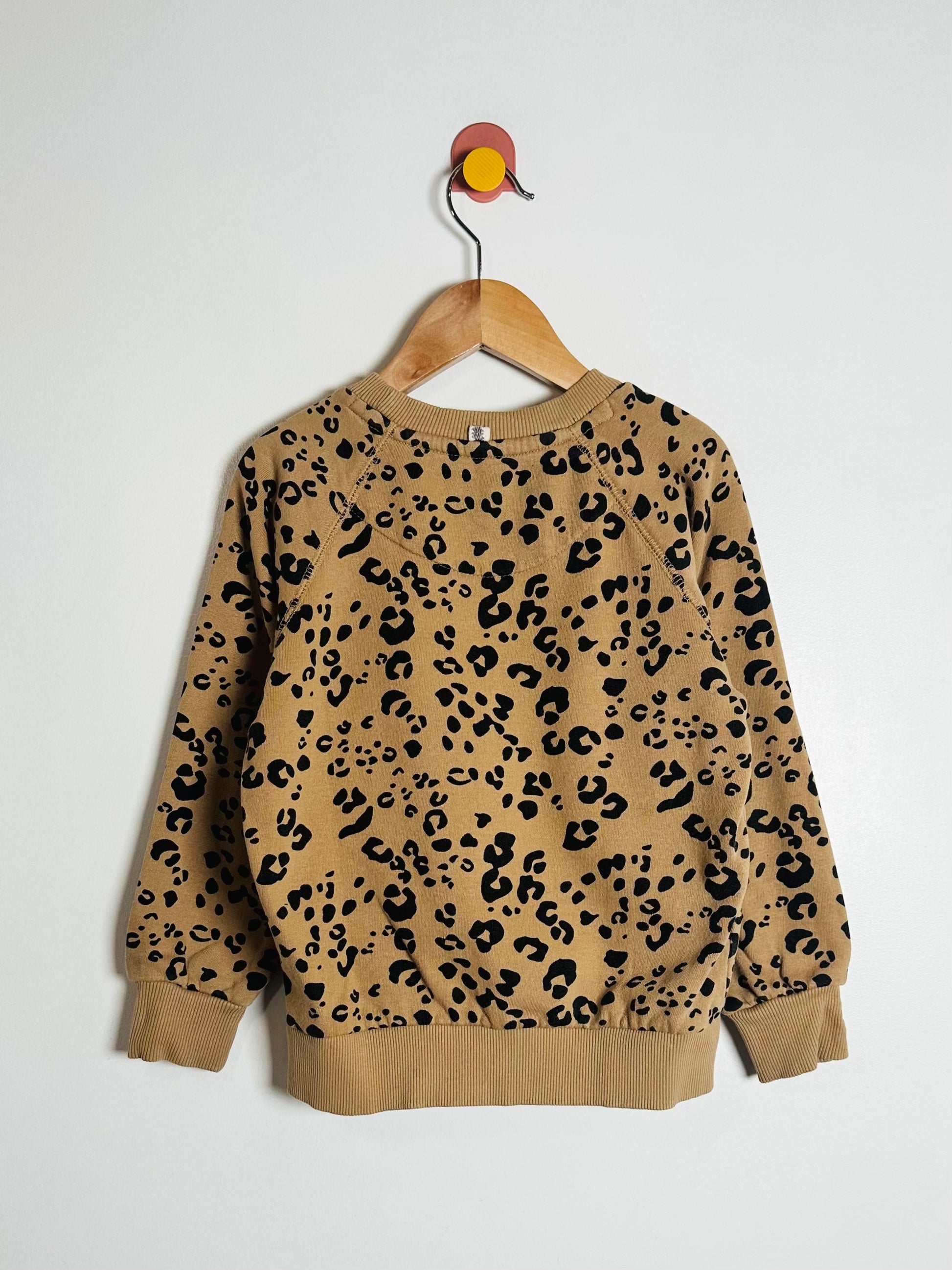 Beige sweatshirt with leopard print on a wooden hanger against a white background