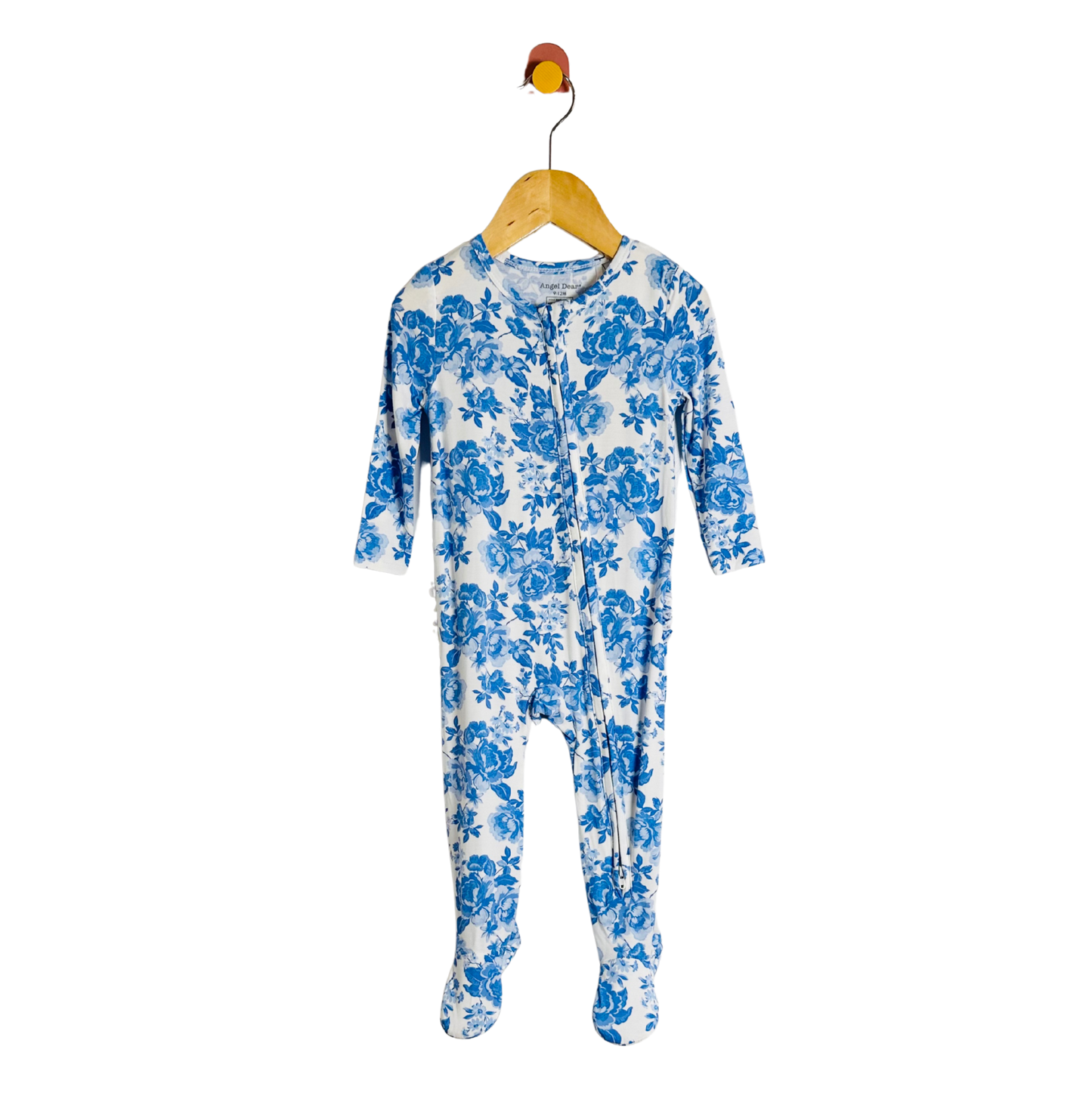 Blue floral-patterned onesie on a hanger against a white background