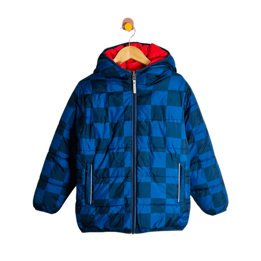 Blue checkered coat with red lining on a hanger against a white background
