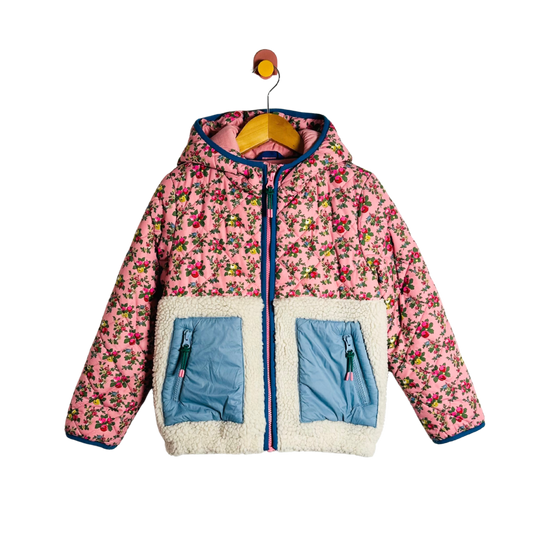 Pink floral jacket with blue accents on a white background