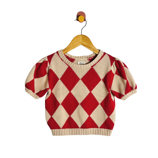 Red and beige argyle patterned sweater on a hanger against a white background