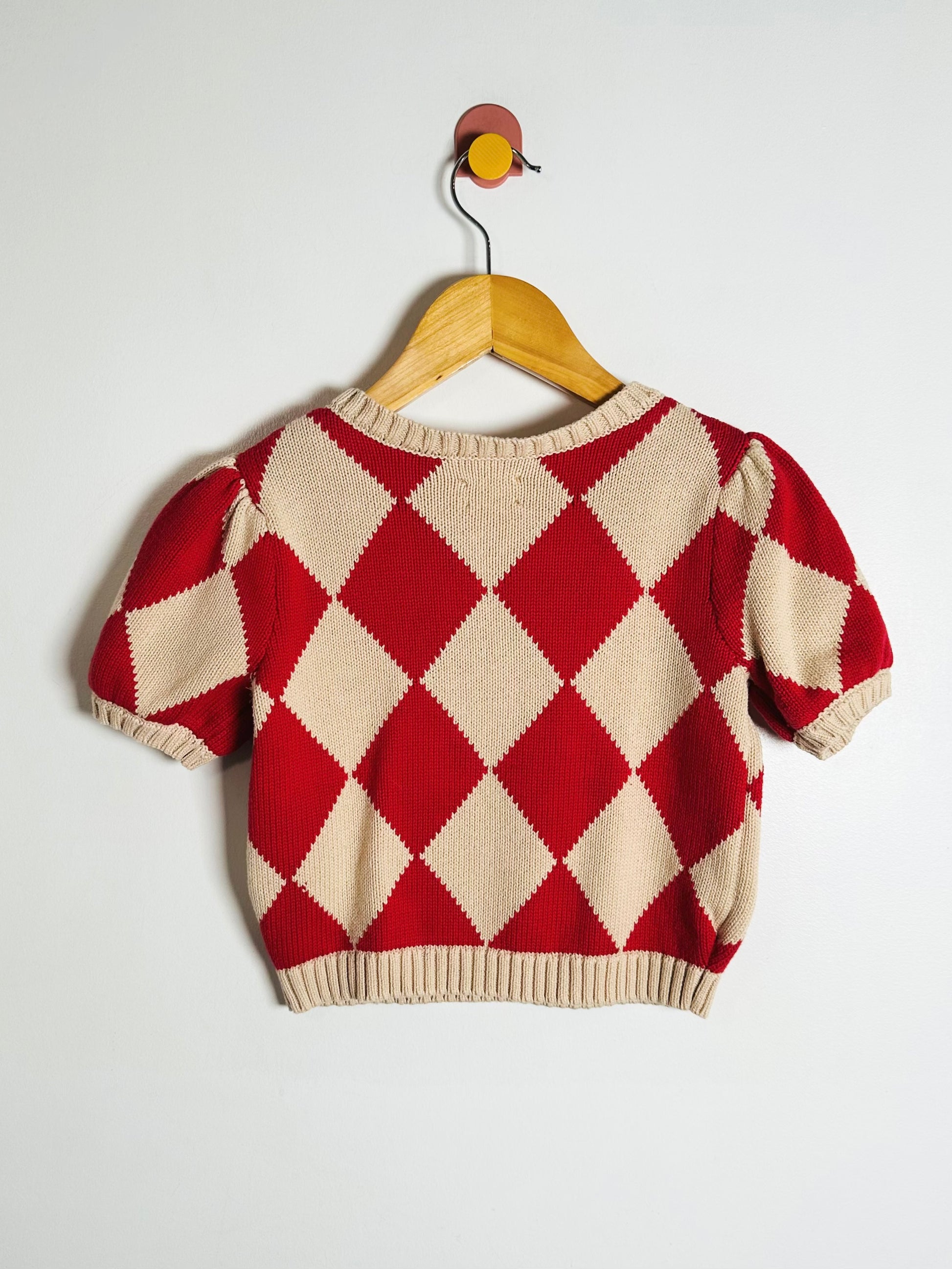 Red and beige diamond patterned sweater on a hanger against a white background