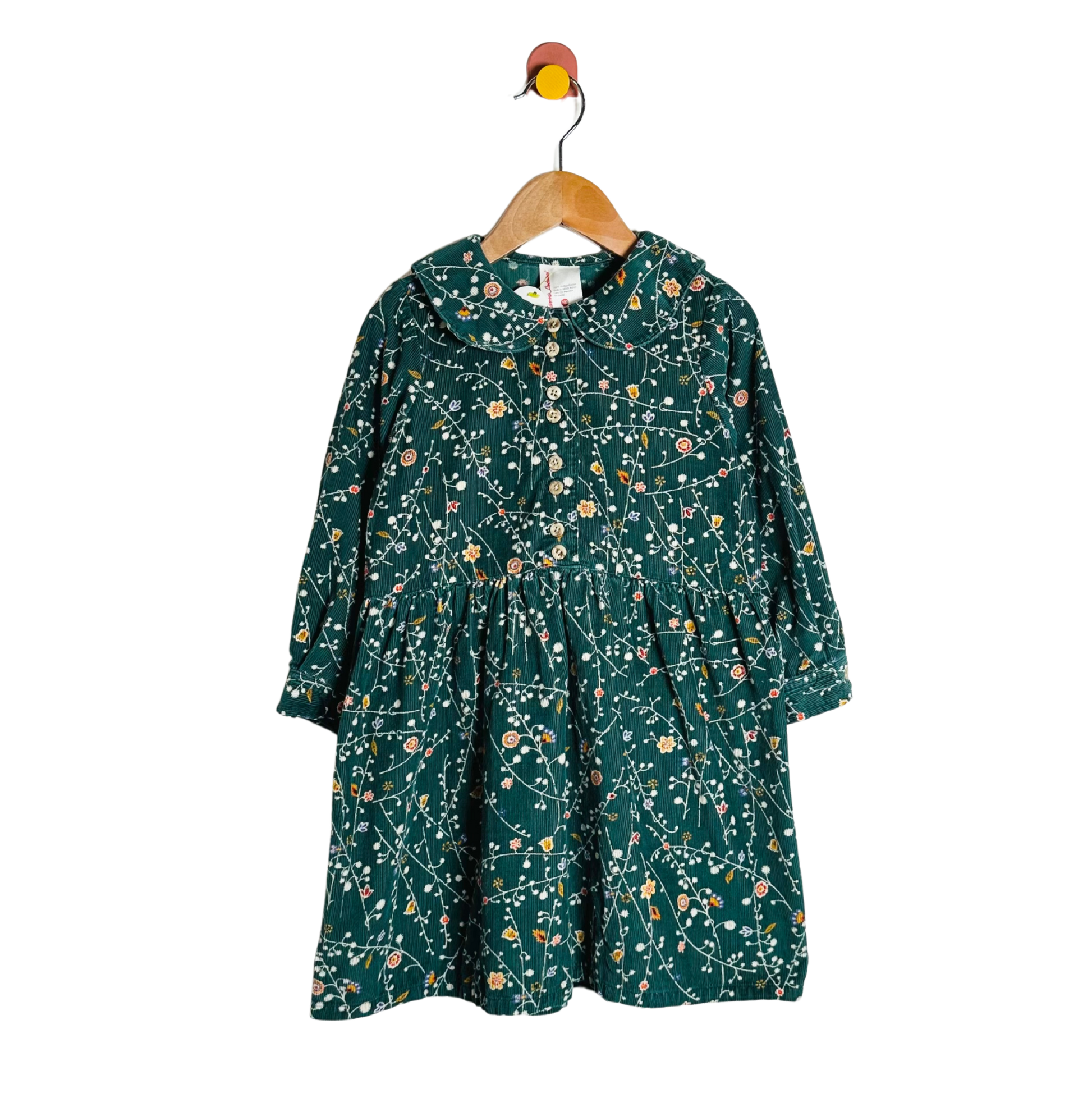 Green floral dress on a wooden hanger against a white background