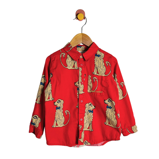 Red shirt with dog pattern on a hanger against a white background