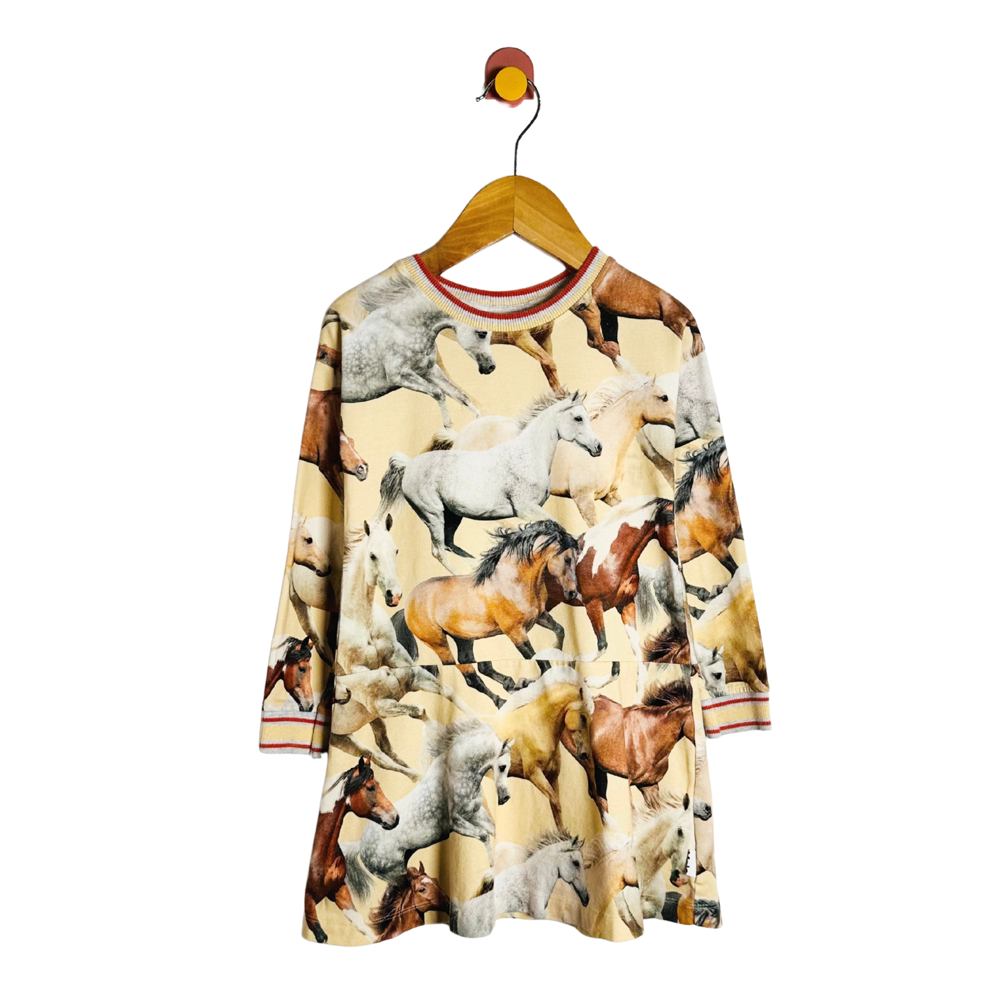 Dress with horse print on a hanger against a white background