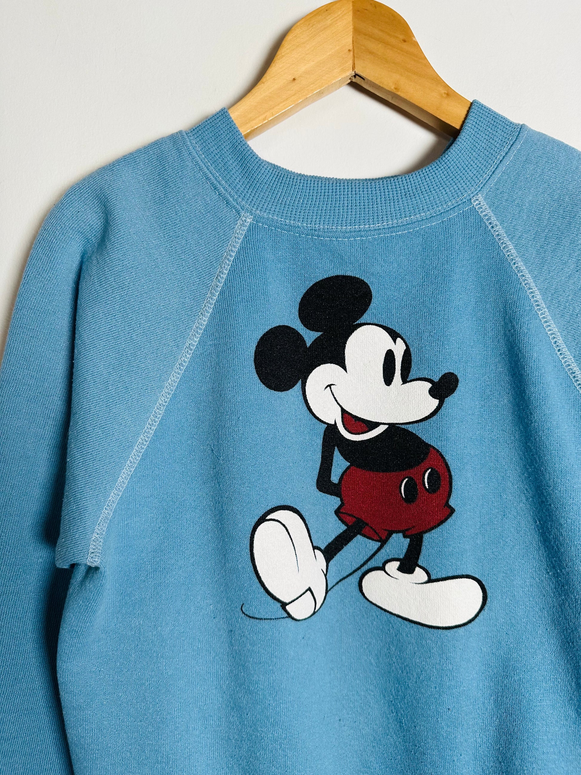 Blue sweatshirt with a cartoon character on a hanger against a light gray background