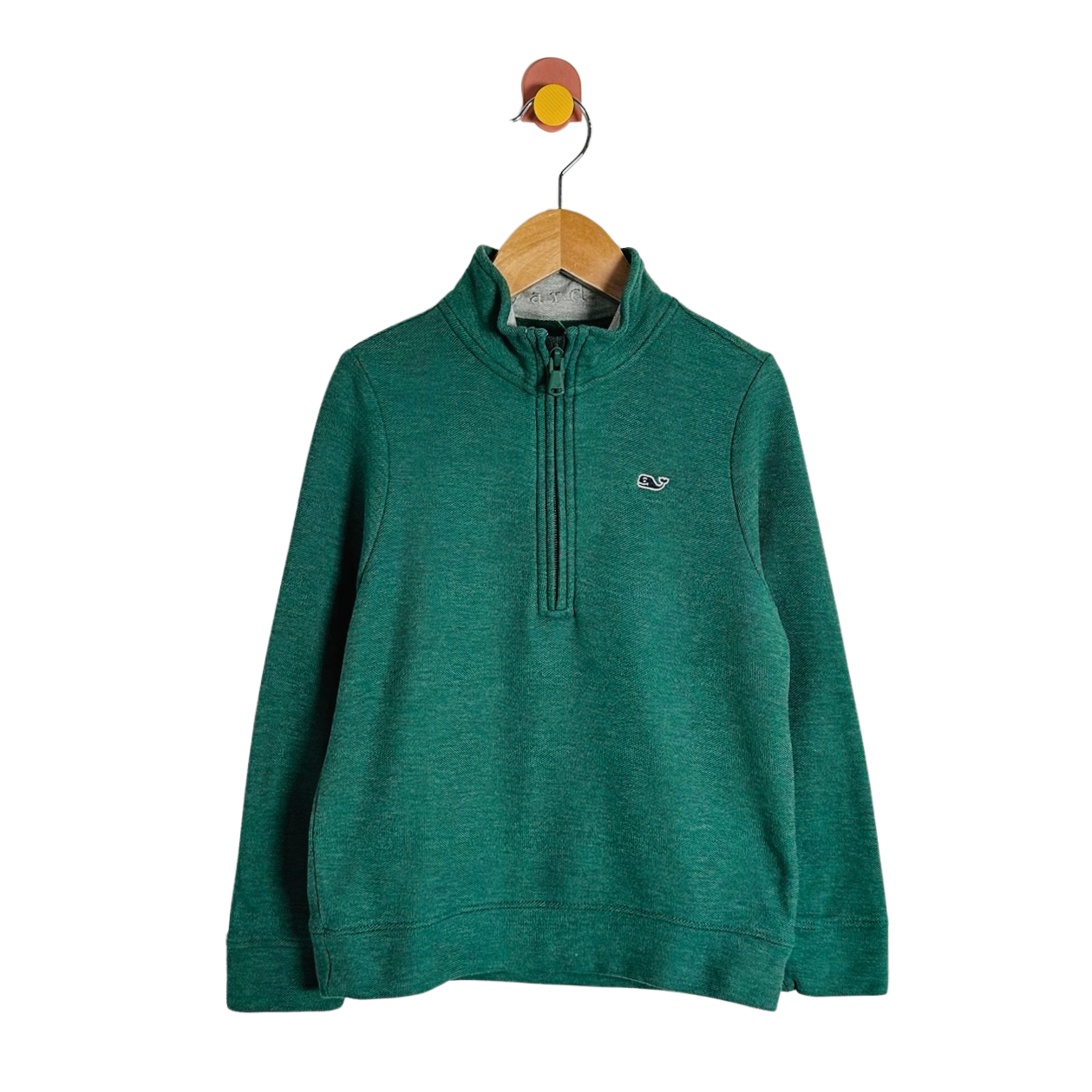 A green heathered quarter-zip pullover sweatshirt hanging on a wooden hanger with a small embroidered logo on the chest, set against a plain white background.