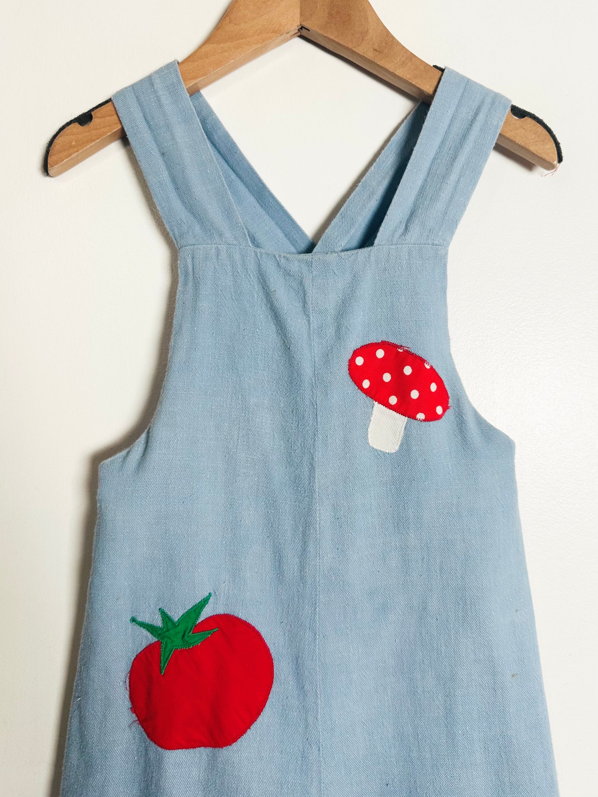 Light blue overalls with red tomato and mushroom appliqués on a wooden hanger.