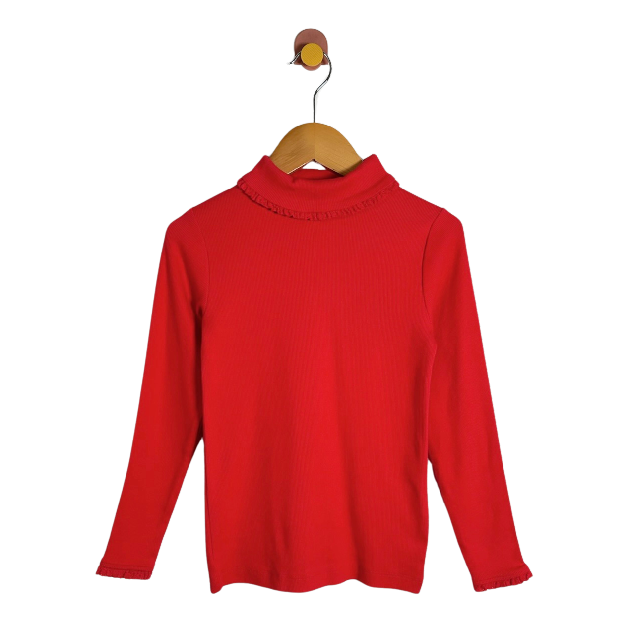 A bright red long-sleeve mock neck sweater hanging on a wooden hanger against a plain white background.