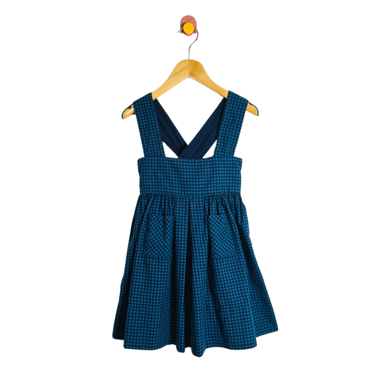 Blue checkered dress on a hanger against a white background