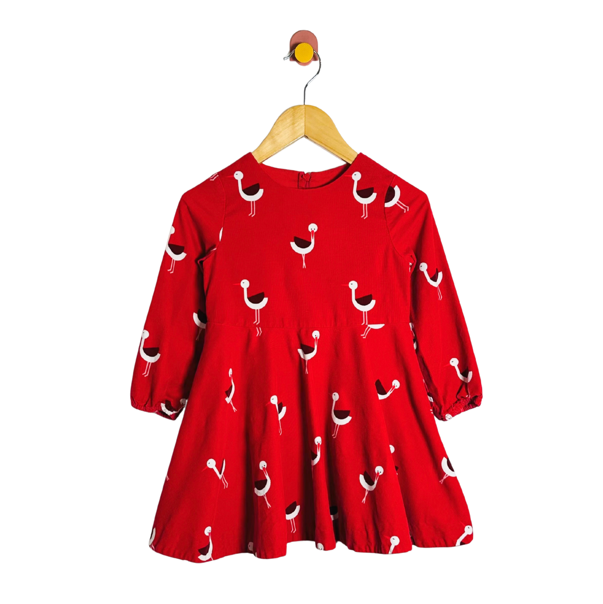 Red dress with bird pattern on a hanger against a white background
