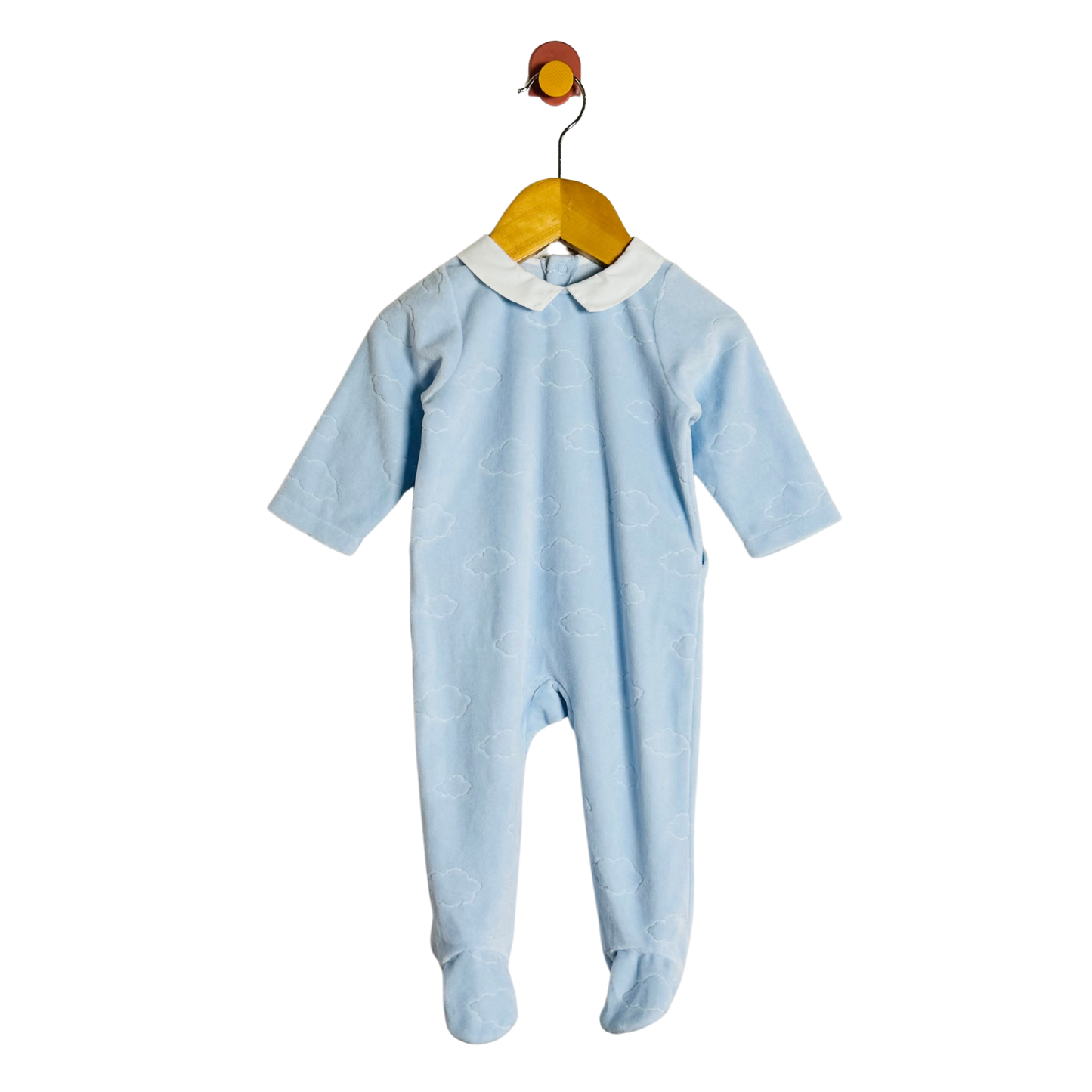 Blue baby onesie with a white collar on a hanger against a white background