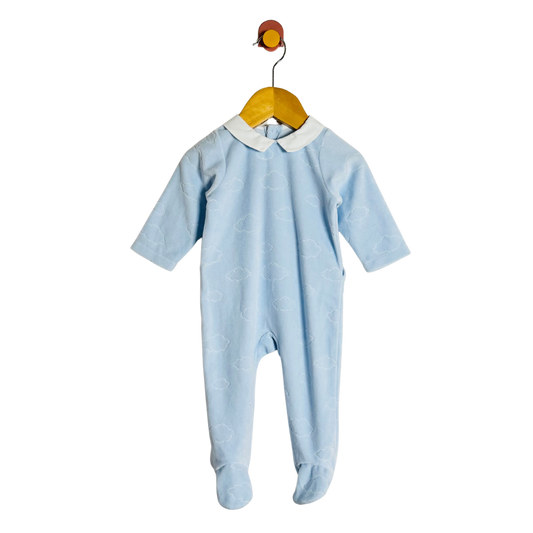 Blue baby onesie with a white collar on a hanger against a white background