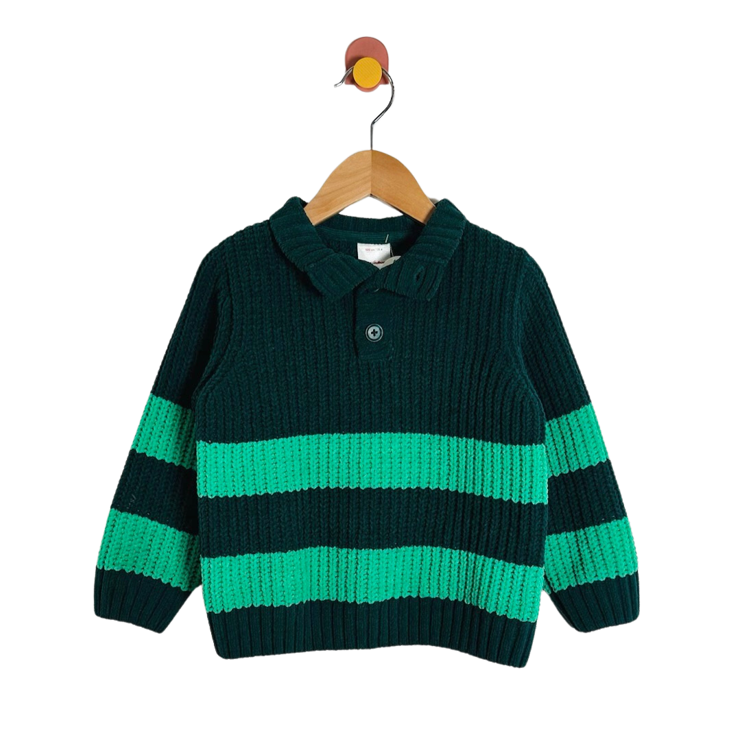 A baby knit polo sweater with horizontal stripes in dark forest green and bright green, hanging on a wooden hanger against a plain white background.