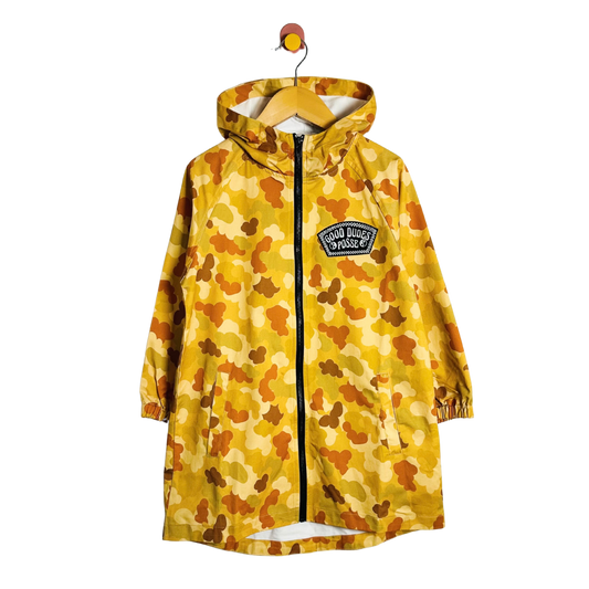 Yellow camouflage raincoat with a brand logo on a white background