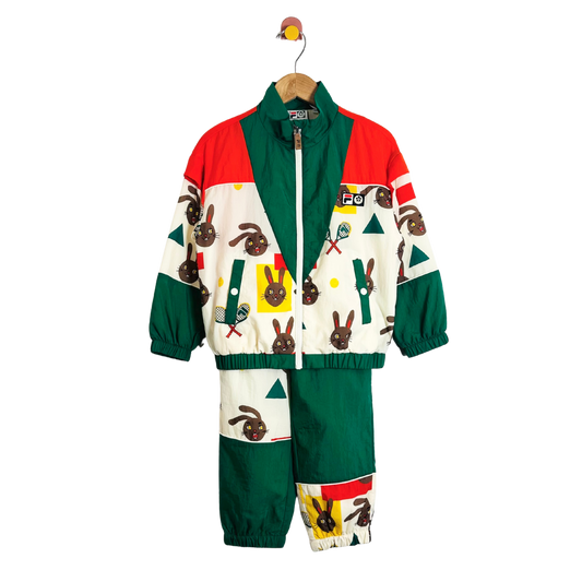Colorful children's tracksuit with patterned design on a white background