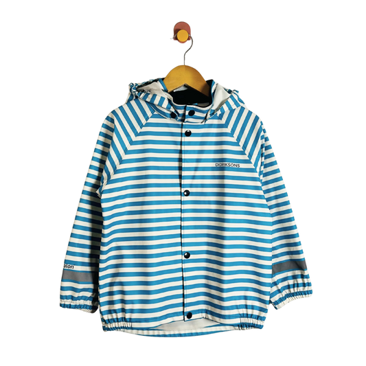Blue and white striped raincoat on a hanger against a white background