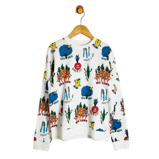 White sweatshirt with colorful graphic designs on a hanger against a white background