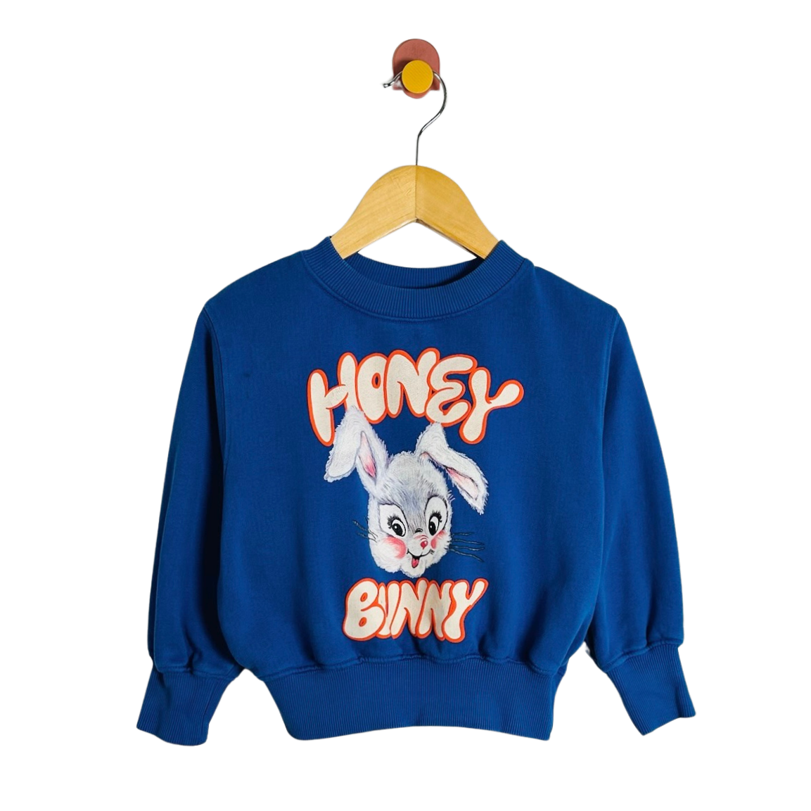 A royal blue crewneck sweatshirt featuring a cartoon bunny graphic and the text 'HONEY BINNY' in orange and white, hanging on a wooden hanger against a white background.