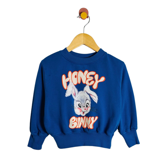 A royal blue crewneck sweatshirt featuring a cartoon bunny graphic and the text 'HONEY BINNY' in orange and white, hanging on a wooden hanger against a white background.