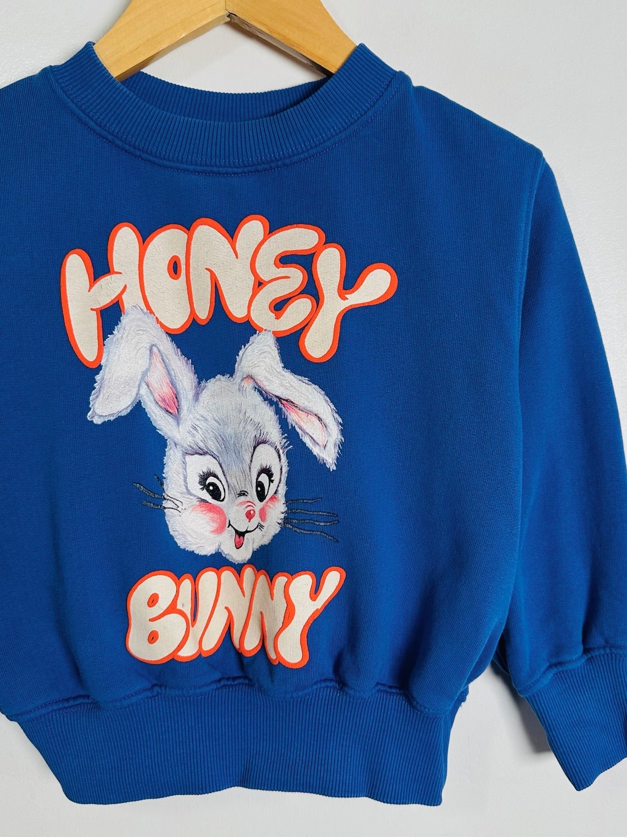 A royal blue crewneck sweatshirt hanging on a wooden hanger, featuring a graphic of a white and gray bunny with pink cheeks and the words 'HONEY BINNY' in orange bubble letters.