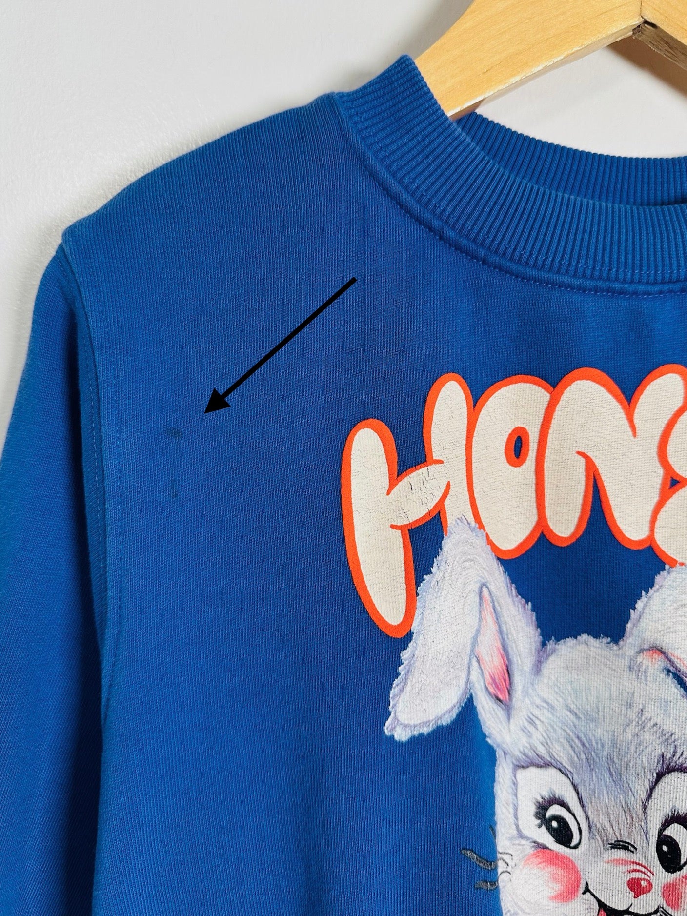 A close-up of a blue crewneck sweatshirt hanging on a wooden hanger against a light wall. The sweatshirt features a cartoon rabbit graphic and the partial word 'HON' in orange and white.