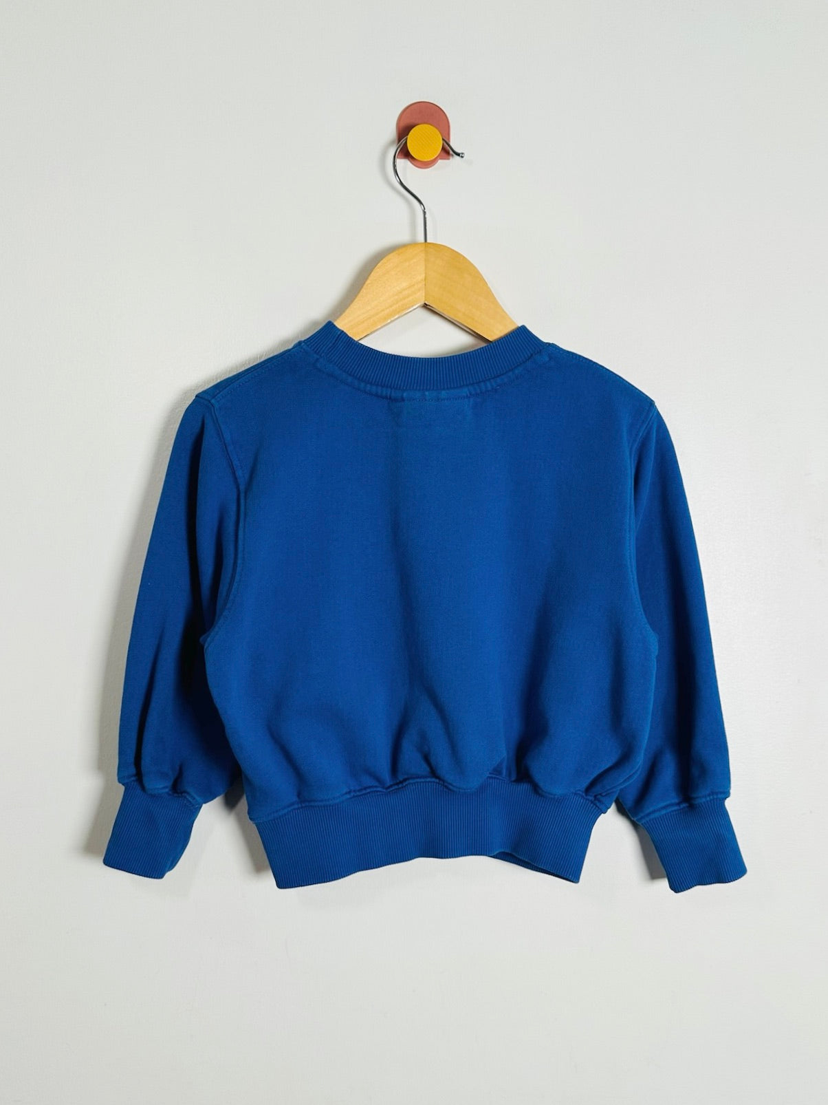 A royal blue long-sleeve sweatshirt hanging on a wooden hanger against a plain light gray wall.