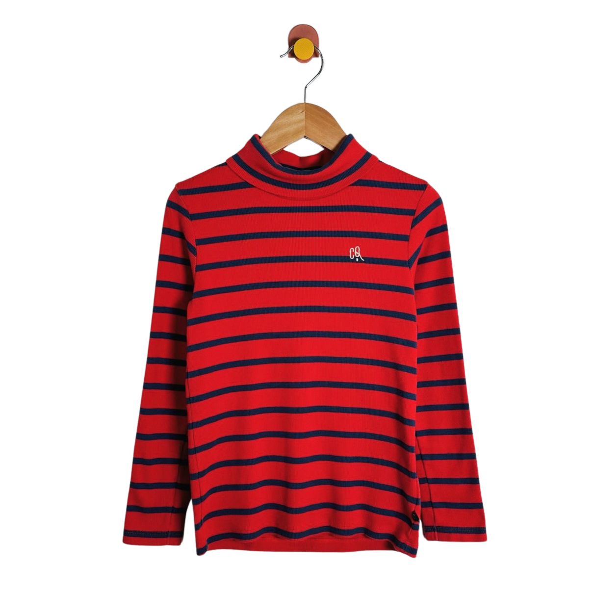 A red and navy blue horizontally striped long-sleeve mock neck shirt hanging on a wooden hanger against a plain white background.