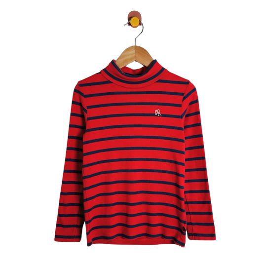 A red and navy blue horizontally striped long-sleeve mock neck shirt hanging on a wooden hanger against a plain white background.