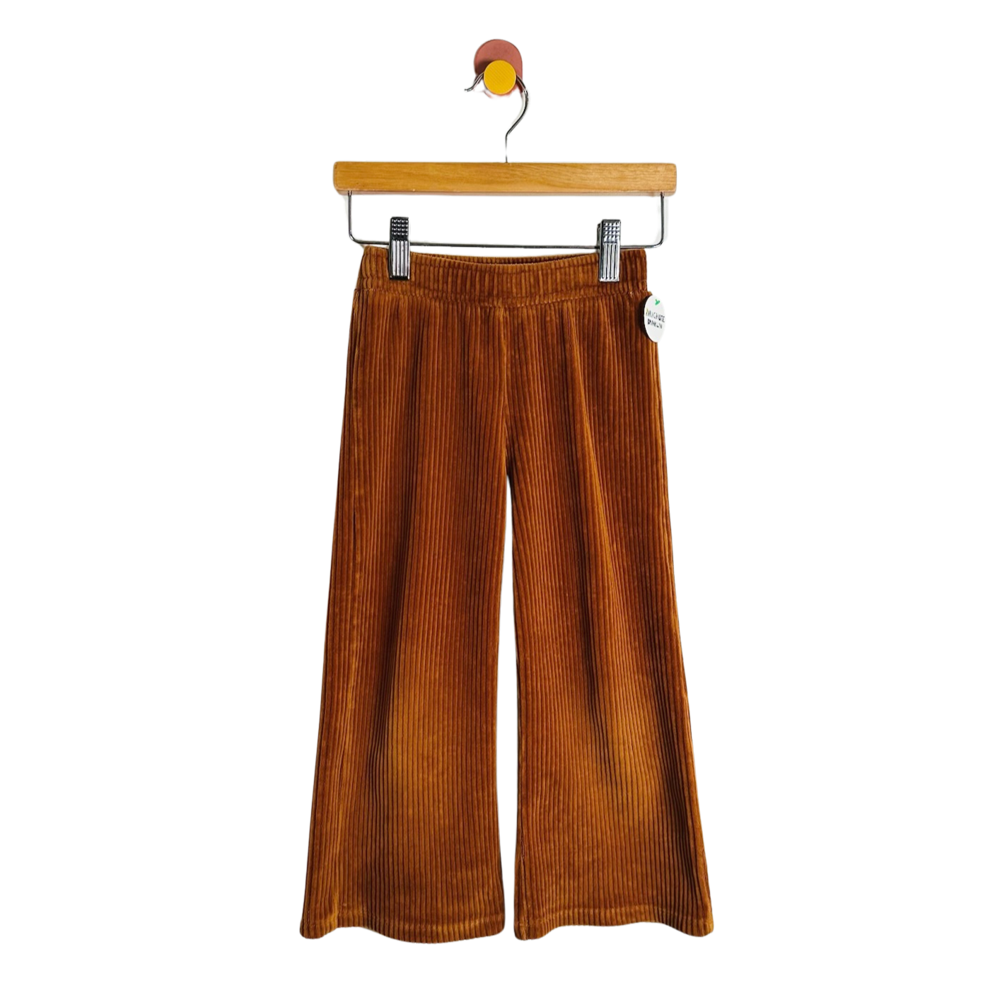 A pair of wide-leg corduroy pants in a warm rust brown color, hanging from a wooden hanger against a plain white background.