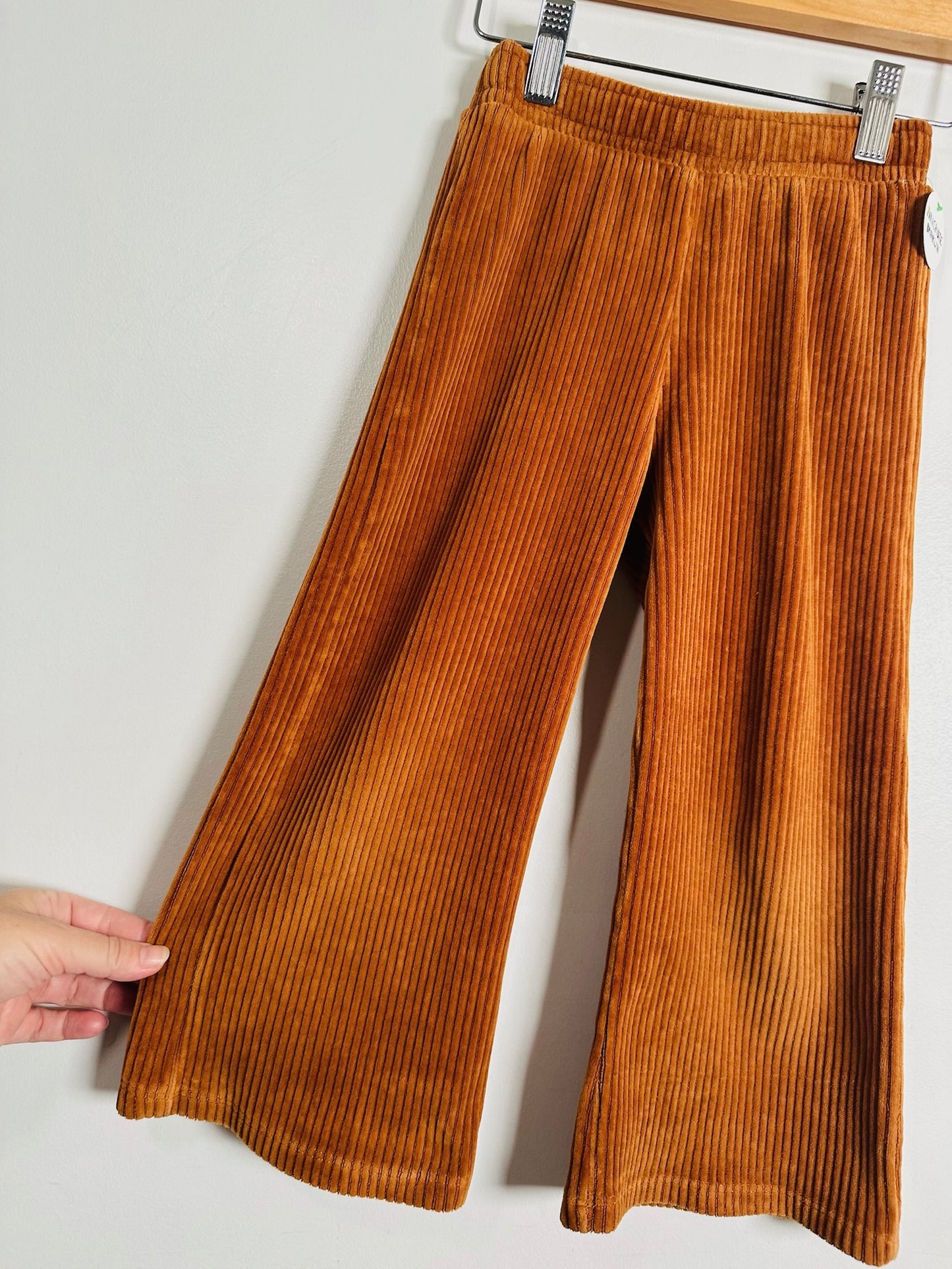 A pair of wide-leg corduroy pants in a warm rust-orange color, hanging from a black hanger against a plain light gray wall. A hand is holding the left leg of the pants to show the fabric drape.