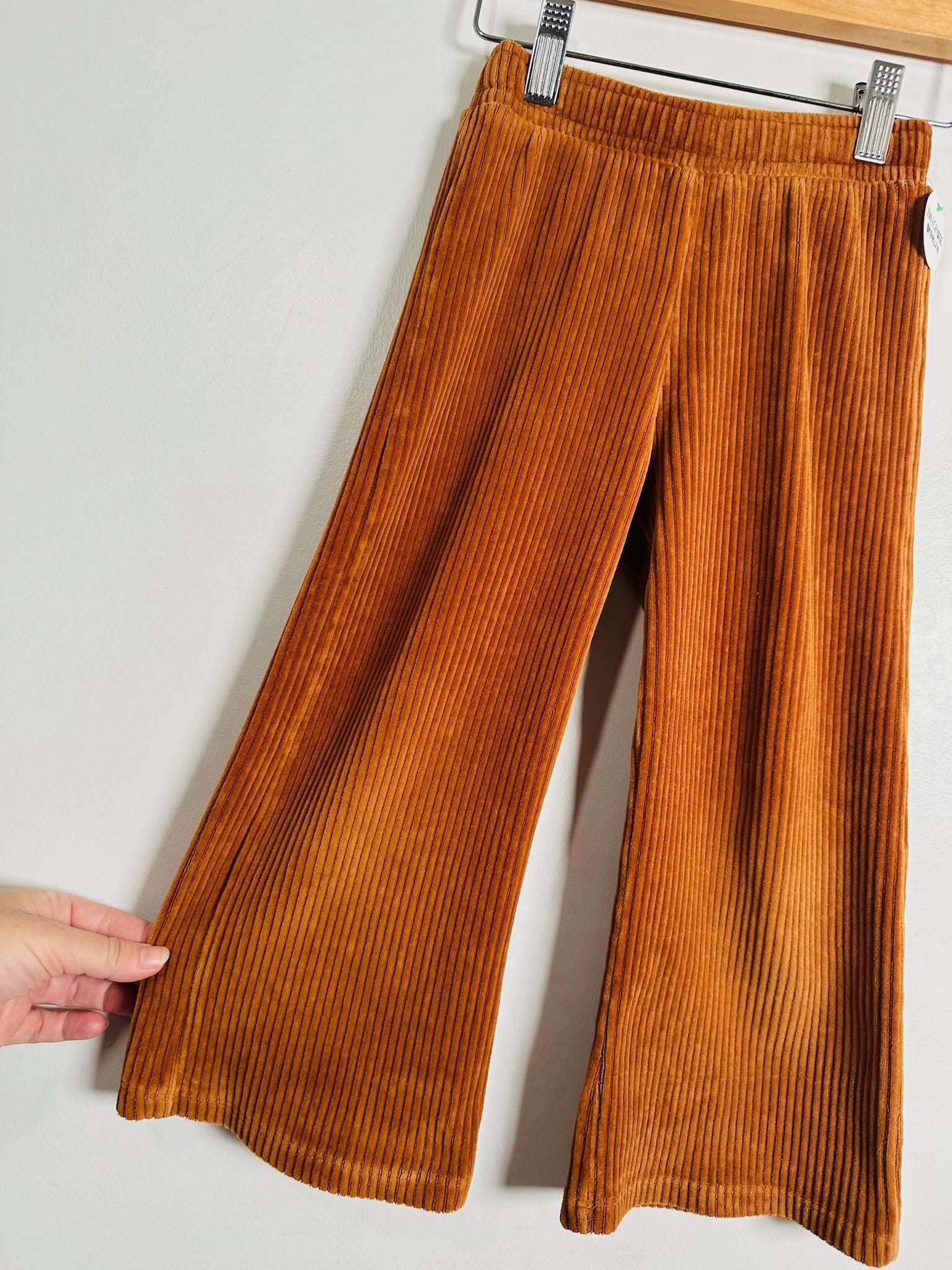 A pair of wide-leg corduroy pants in a warm rust-orange color, hanging from a black hanger against a plain light gray wall. A hand is holding the left leg of the pants to show the fabric drape.