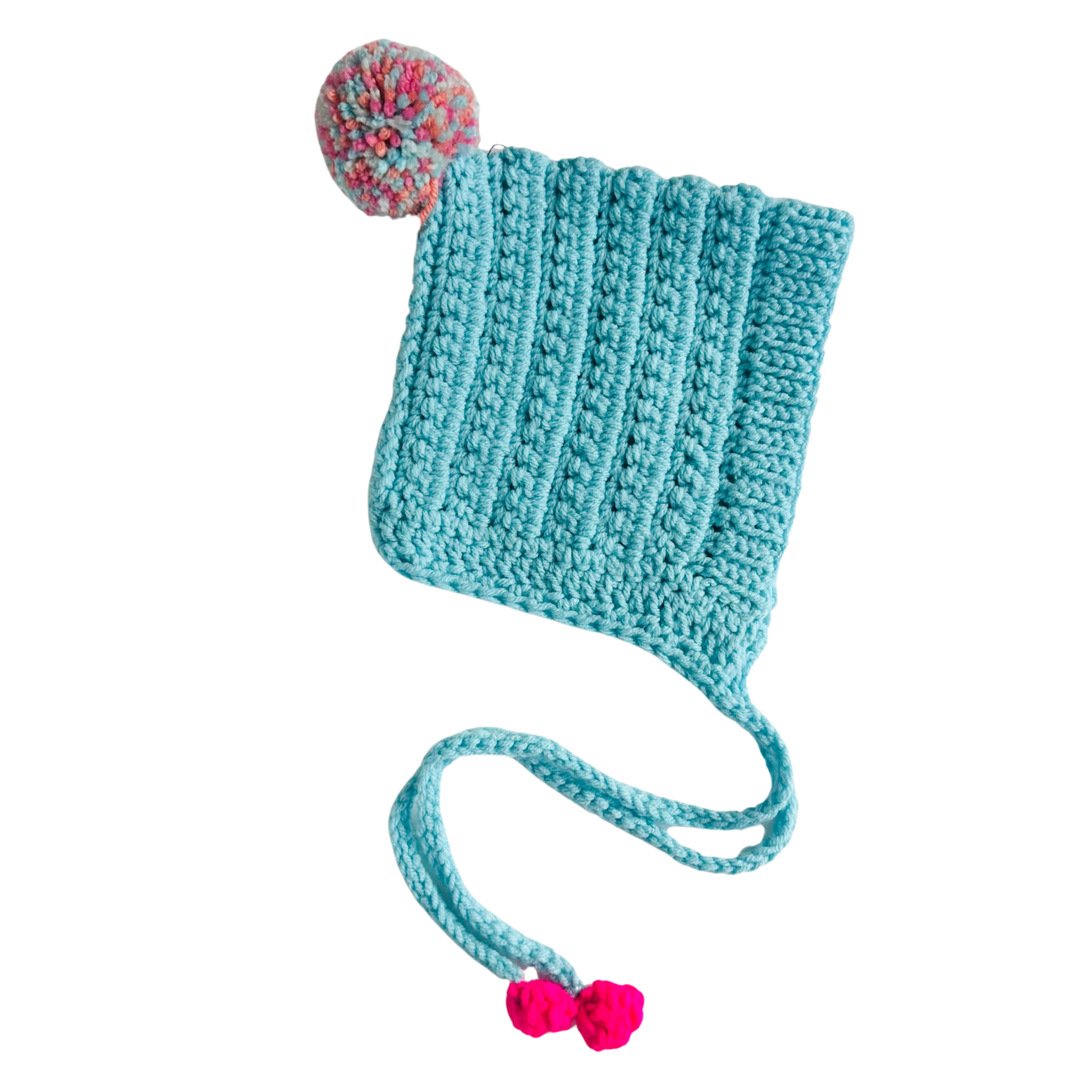 Knitted turquoise hat with pink pom-poms on a white background