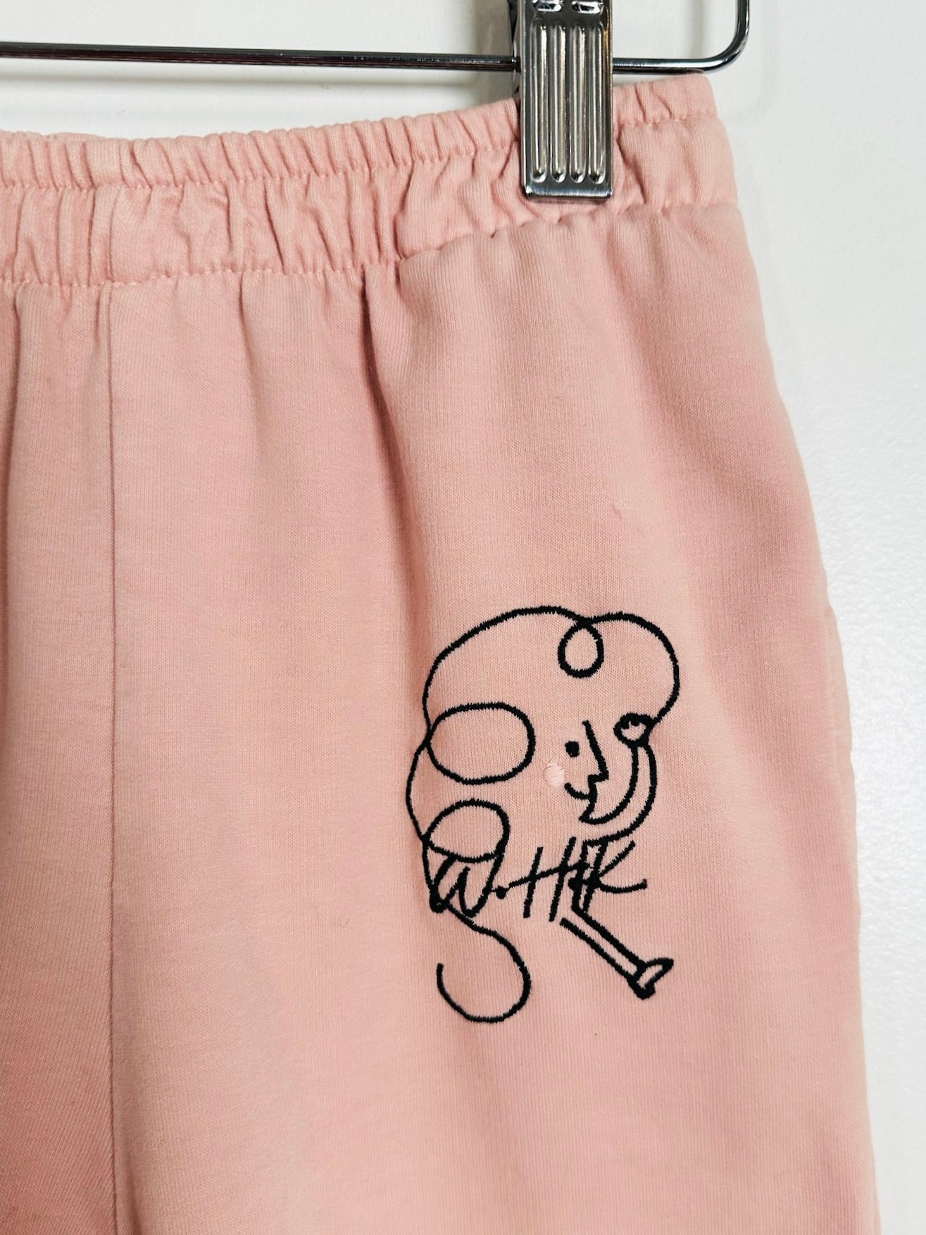 close-up of embroidered detail on sweatpants