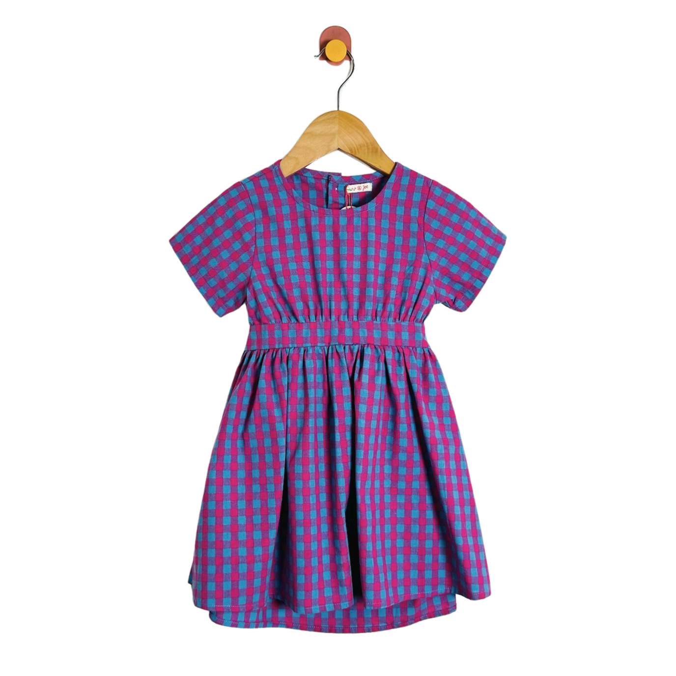 A short-sleeve children's dress with a blue and magenta gingham pattern, hanging on a wooden hanger against a plain white background.
