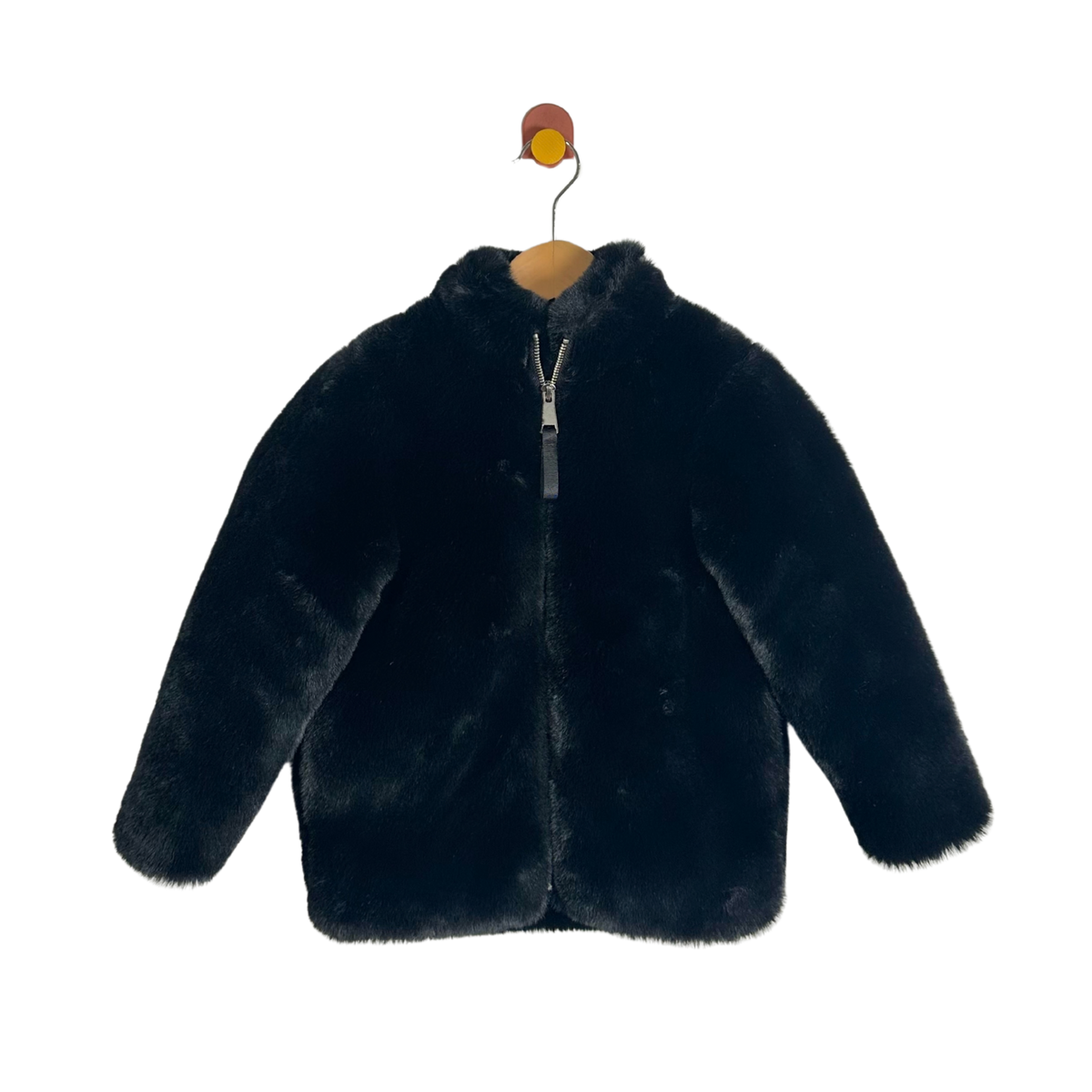 A black faux fur zip-up jacket with a hood, hanging on a wooden hanger with a small bird-shaped hook against a plain white background.
