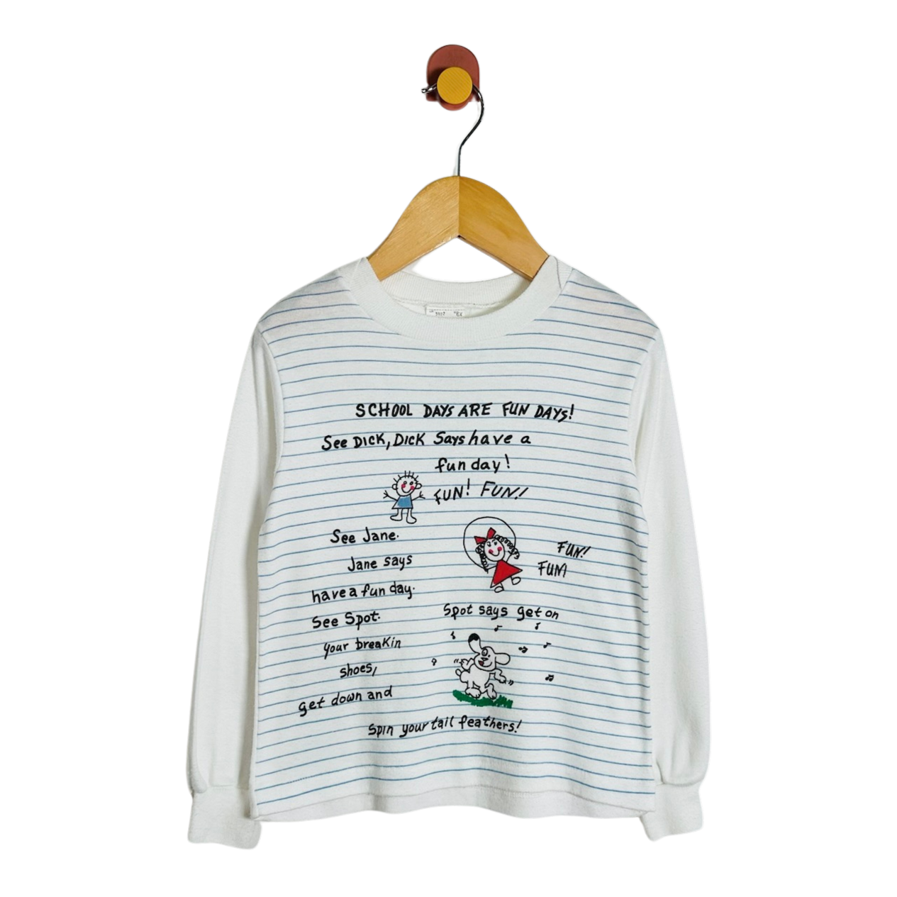 A white long-sleeve crewneck sweatshirt with light blue horizontal stripes, featuring a cartoon print of children and text on the front, hanging on a wooden hanger against a white background.