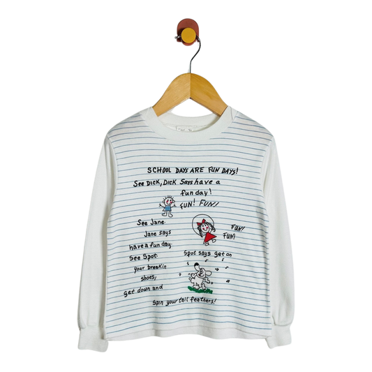 A white long-sleeve crewneck sweatshirt with light blue horizontal stripes, featuring a cartoon print of children and text on the front, hanging on a wooden hanger against a white background.