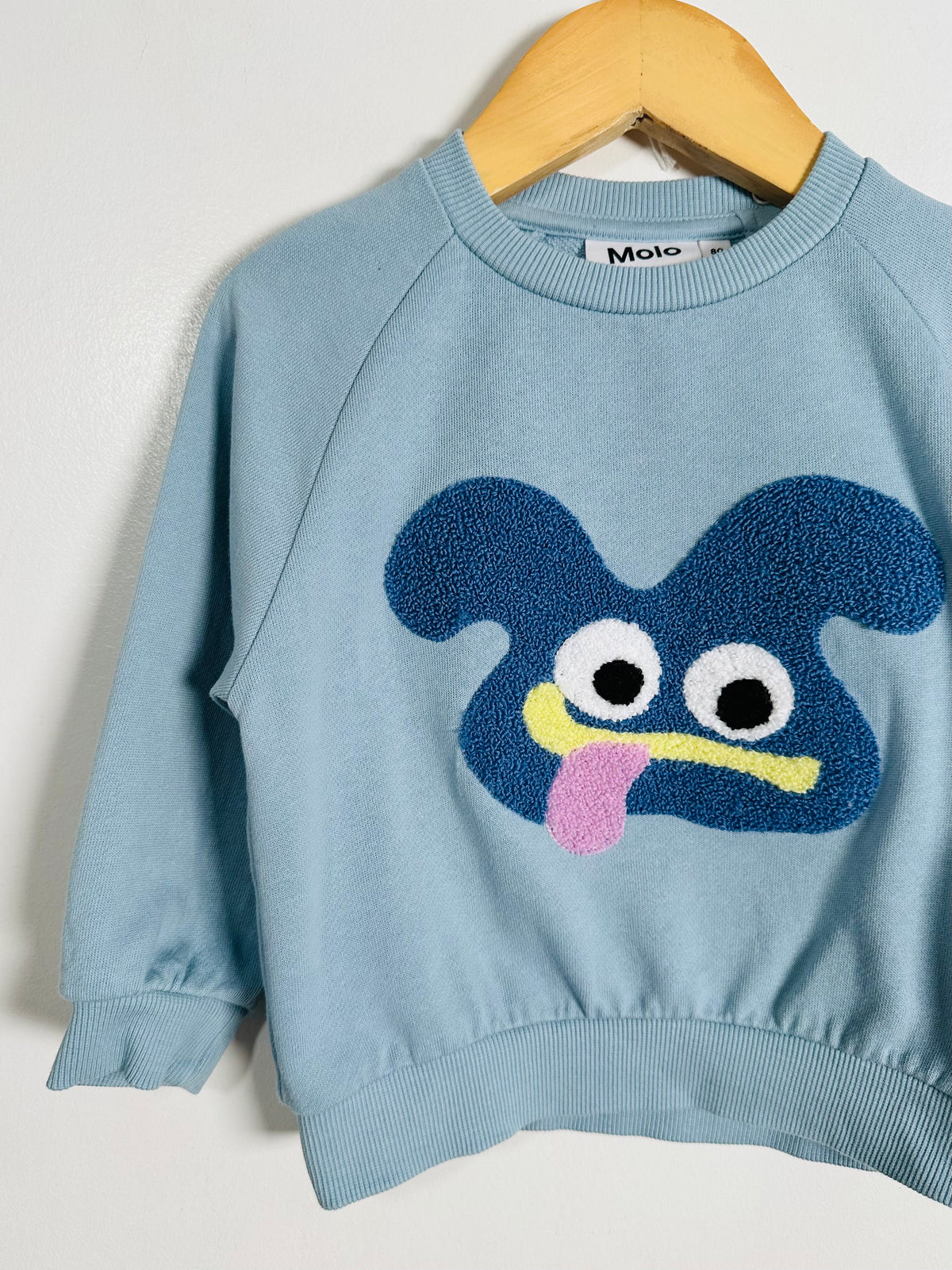 A light blue children's sweatshirt hanging on a wooden hanger against a plain light background. The sweatshirt features a large, textured, raised cartoon dog face graphic on the front in dark blue, yellow, white, and pink.